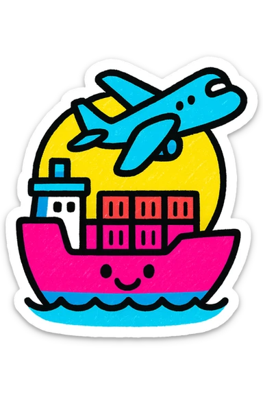 A bright and cheerful icon of a cargo ship and airplane symbolizing global partnership, using colors #1E90FF, #F13816, and #FFFFFF sticker