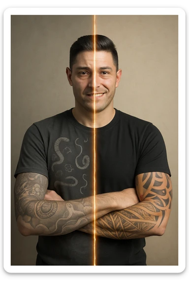 a man is depicted in two halves—on one side, he appears tired and weighed down, with faint, ghostly images of parasites visible inside his torso; on the other side, he is vibrant and healthy, with clear skin and bright eyes, the parasites gone. A visual transition or glowing line separates the two states, symbolizing recovery. sticker