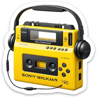 Sony Walkman cassette player from 1990s, yellow and black, with headphones sticker