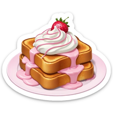 French toast with strawberry on top and pink whipped cream sticker