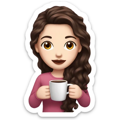 Super white Pale skin, dark brown wavy long hair , pink lips , pink cheeks, holding coffee, cozy sticker