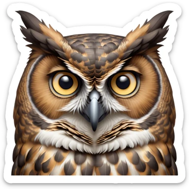 Cinematic Noble Great Horned Owl Portrait Emoji, Poised and regal, with a commanding, broad build and a richly mottled plumage of grays, whites, and subtle browns, deep-set soulful golden eyes, Simplified yet sharp and sophisticated features, highly detailed, glowing with a soft, dignified glow, high shine, intelligent and enigmatic, stylized with an air of nocturnal majesty, focused and attentive, soft glowing outline, capturing the essence of a watchful and confident raptor, so majestic it feels as though it could silently swoop out of the screen with effortless authority! sticker