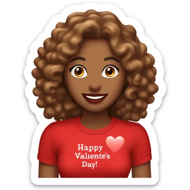 Light brown lady smiling, medium brown long curly hair, bright red lips, eyelashes, wearing red “happy Valentine’s Day” t shirt sticker