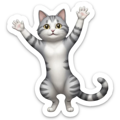 grey and white cat doing a big long stretch reaching up into the air with arms and legs together sticker