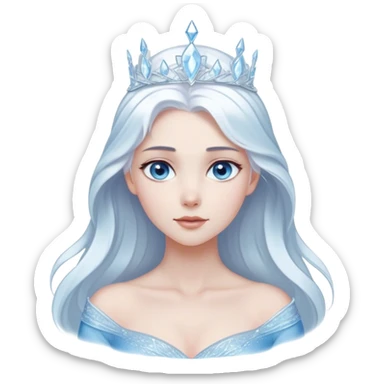 Cinematic Serene Snow Queen Portrait Emoji, rendered in a simplified vector style. Depict a gentle Elsa (chest and above) with delicate icy skin, softly cascading platinum hair, and calm, reflective blue eyes, dressed in her classic ice-blue gown. The image exudes a soft, luminous frosty radiance with high shine and a subtle glowing outline. sticker