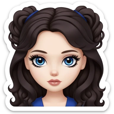 pretty bratz baddie, dark brown hair, black eyeliner, pale skin, dark brown clong wavy hair, dark blue  eyes sticker