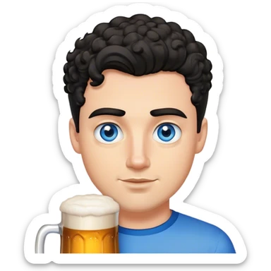 white guy thick eyebrows blue eyes with short curly black hair holding beer sticker