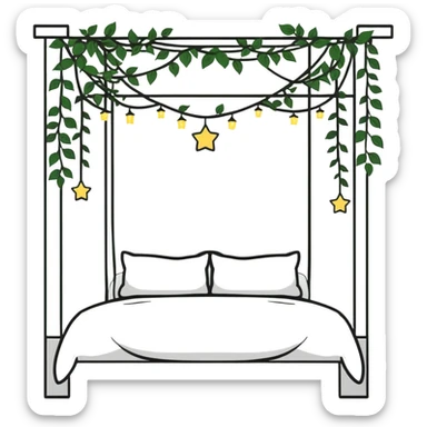 dreamy bed with twinkle lights and leafy vines hanging from above sticker