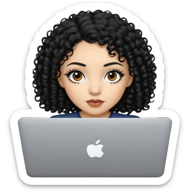 a girl using the mac book air with black curly hair and brown eyes with winged black eyeliner sticker