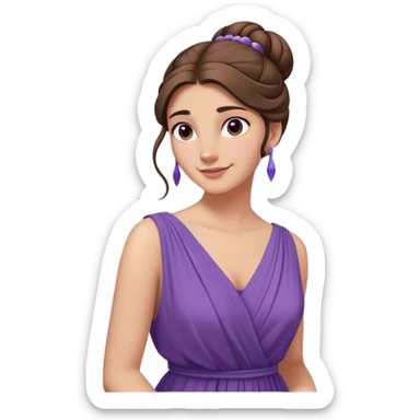 Femme aux longs cheveux bruns relevés en chignon lâche, robe violette fluide inspirée de la Grèce antique, regard en coin et sourire malicieux, style animation Disney sticker