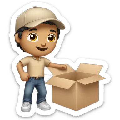 Tan skinned fit Man with black hair in a brown cap and beige polo T-shirt keeping a pasted box into his hands sticker