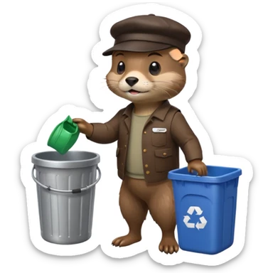 an otter dressed as a man picking up trash bins sticker