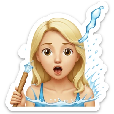 blond woman eating a stick the same color as her skin, water stream squirting directly from the stick into her open mouth, surprised expression sticker