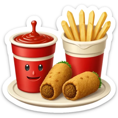 falafel and fries, with two small containers, one with red sauce and one wwhite sauce  sticker