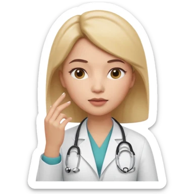 3D memoji female doctor, hand touching chin in thinking pose, thoughtful expression, slightly narrowed eyes, professional medical look, isolated PNG sticker