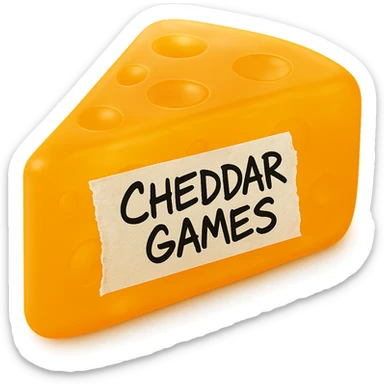 Add a piece of torn white tape to the side of the cheese wedge. On the tape, write 'Cheddar Games' in messy black Sharpie handwriting. Keep the style hyper-detailed, retro 90's toy look, semi-transparent plastic. Remove the background as requested. Maintain the retro 90's toy style with semi-transparent plastic appearance. sticker