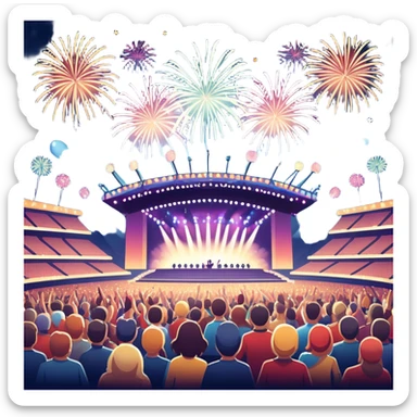 An icon showing a stadium stage with a concert in full swing, bright stage lights illuminating the performers, and fireworks bursting in the sky. The excitement of the crowd is palpable, symbolizing a love for live music and unforgettable shows. transparent background. sticker