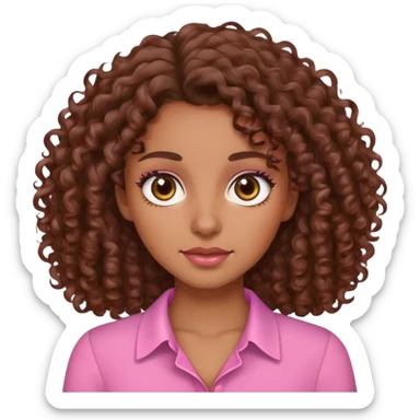 Morena cabello rizado café,ojos café blusa rosa facciones lindas sticker