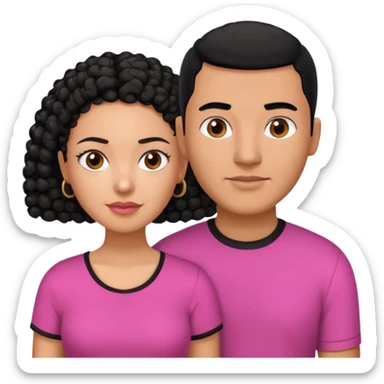 A picture if a couple, the man is a Mexican man with  black hair, a buzz cut and black shirt on.the woman is mixed with black and white, with curly hair and a pink shirt on sticker