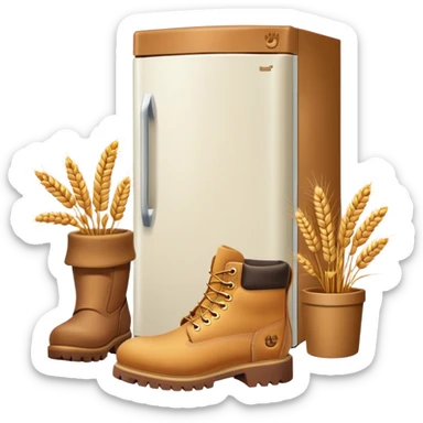 A white refrigerator with a camel head on top, and four Timberland-style wheat colored work boots attached to the bottom corners sticker