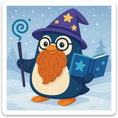 Add a snowy background behind the chubby penguin wizard with glasses, long beard, and mystical book, preserving all details clearly. sticker