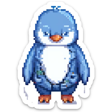pixel art penguin wearing blue jeans, simple and cute sticker