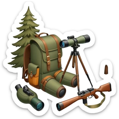 Icon for Hunting Tourism: a hunting rifle, binoculars, and animal tracks in the snow, with a forest background and a hunter’s backpack. The icon should represent the adventure and experience of hunting in nature. Transparent background. sticker
