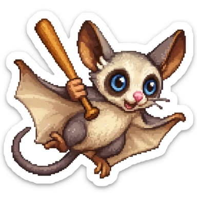 Add a baseball bat to the sugar glider and depict it gliding through the air. Maintain the original style and keep the background transparent. sticker