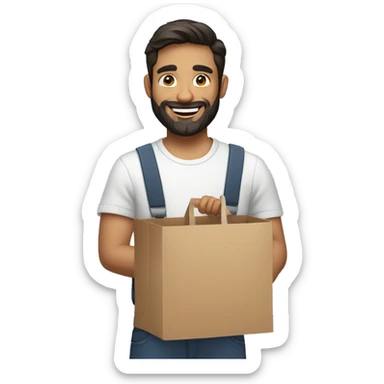 bearded man with short dark hair holding a product cart and smiling sticker