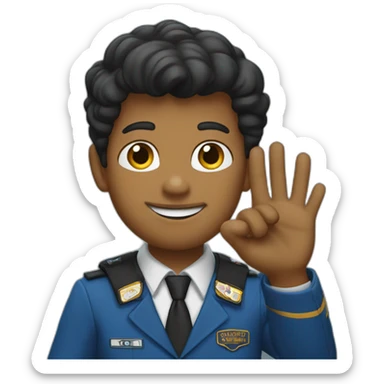 The scout gives the three-fingered salute wearing a black and blue suit sticker