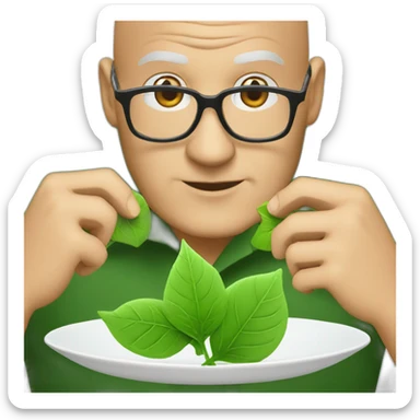 a middle aged bald man in square black glasses wearing a green button up shirt and eating a green leaf sticker