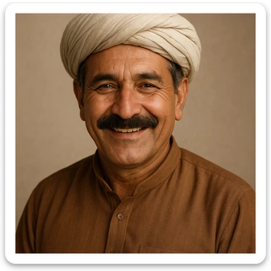Pashtun man wearing a turban, shalwar kameez, mustache, warm smile, neutral background sticker