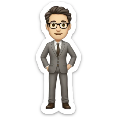 Full height Pale skinned Fit Man With dark brown hair in classic gray suit, beige office shirt, dark gray tie, and vintage glasses. His hands lock sticker