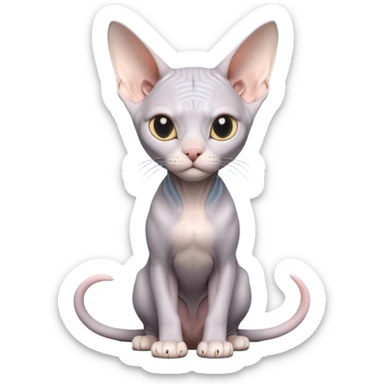 A 3D cartoon silver-gray Sphynx cat with smooth skin, gentle expression, elegant pastel lighting, cinematic Memoji rendering. full body or half body. sticker