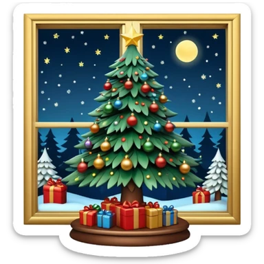 3D rendering realistic still life ultra detailed, christmas tree at night, in front of a glass window sticker