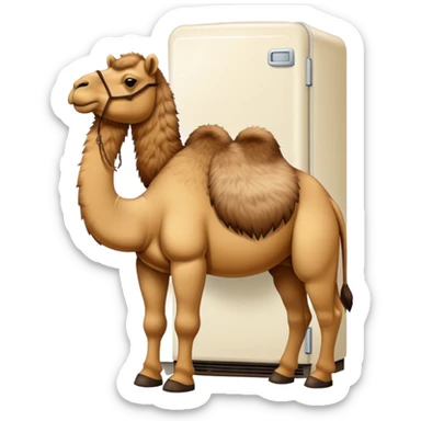 A white refrigerator with a camel head sticking out from the top and four camel legs with Timberland boots coming out from the bottom sticker