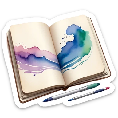 Cinematic Realistic image of an open sketchbook accompanied by a set of translucent watercolors, with delicate pigment stains and soft, flowing brushstrokes, captured under gentle, diffused lighting that highlights creative fluidity sticker