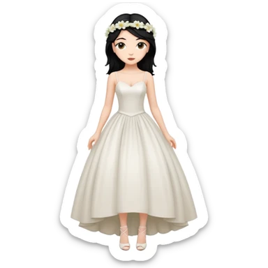Chica blanca,cuerpo entero, vestido boda  tirantes finos y cuerpo estrecho, pelo negro recogido con mechones y zapatos tacon y 1 flor en la cabeza sticker