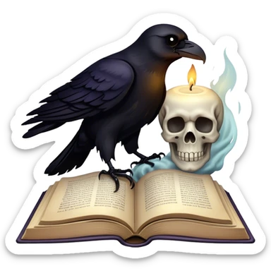 Icon for Horror and Mystery Reading: an open book with eerie shadows and mist rising from the pages, a candle, a skull, and a raven perched nearby. The icon should evoke the suspense, fear, and supernatural atmosphere of horror and mystery stories. Transparent background. sticker