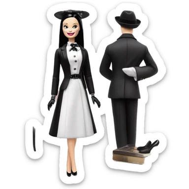 Afternoon Suit Barbie. Wednesday Addams at home. Smiling.stilettos, gloves, picture hat, Very Pale-white porcelain skin.  sticker
