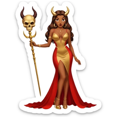 Sexy, playboy woman brown courtly hair seductress devil horns gold long dresss with slit, Jessica rabbit style holding a skull  sitting on top of gold wearing tall platform heels sticker
