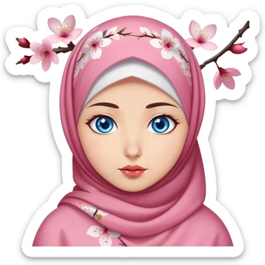 Turkish beautiful finish Konya girl blue eyes with cherry blossom floral hijab islamic dress and with Drooling face sticker