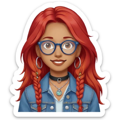 young woman with long red hair, blue glasses, septum ring, choker, denim jacket, neutral smile, olive white skin sticker