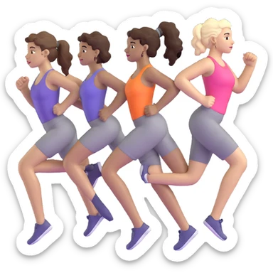 three women friends exercising together, one black woman with curly brown hair, one pale white woman with curly brown hair, and one pale white woman with straight brown hair in a ponytail sticker