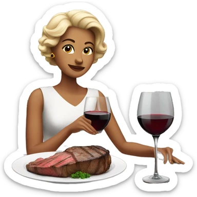 Generate a classy woman seated at a fine dining table, elegantly enjoying a steak and a glass of red wine.  sticker