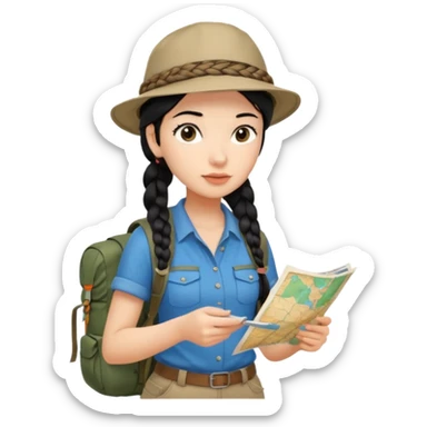 A braid black hair backpacking woman checking her map with curious eyes while walking with camping hat full body sticker