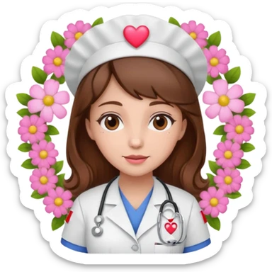 Brown hair Nurse with pink heart and flowers surround her head sticker