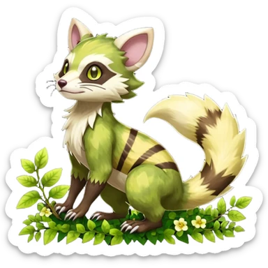 Sharp swampy realistic mossy grassy elemental ivy floral detailed Colorful translucent luminescent glowing Trico-Sergal-Furret-Ferret-Wolverine-Vernid-furry-fursona-fusion-Fakemon-animal-hybrid-creature, full body sticker