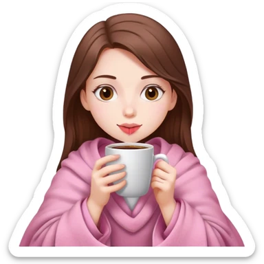 white brown hair pretty girl in a pink blanket sipping coffee sticker