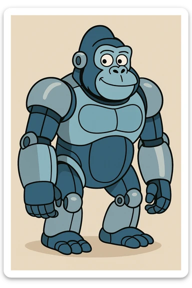 robot gorilla, cartoon style, friendly expression, blue and silver sticker